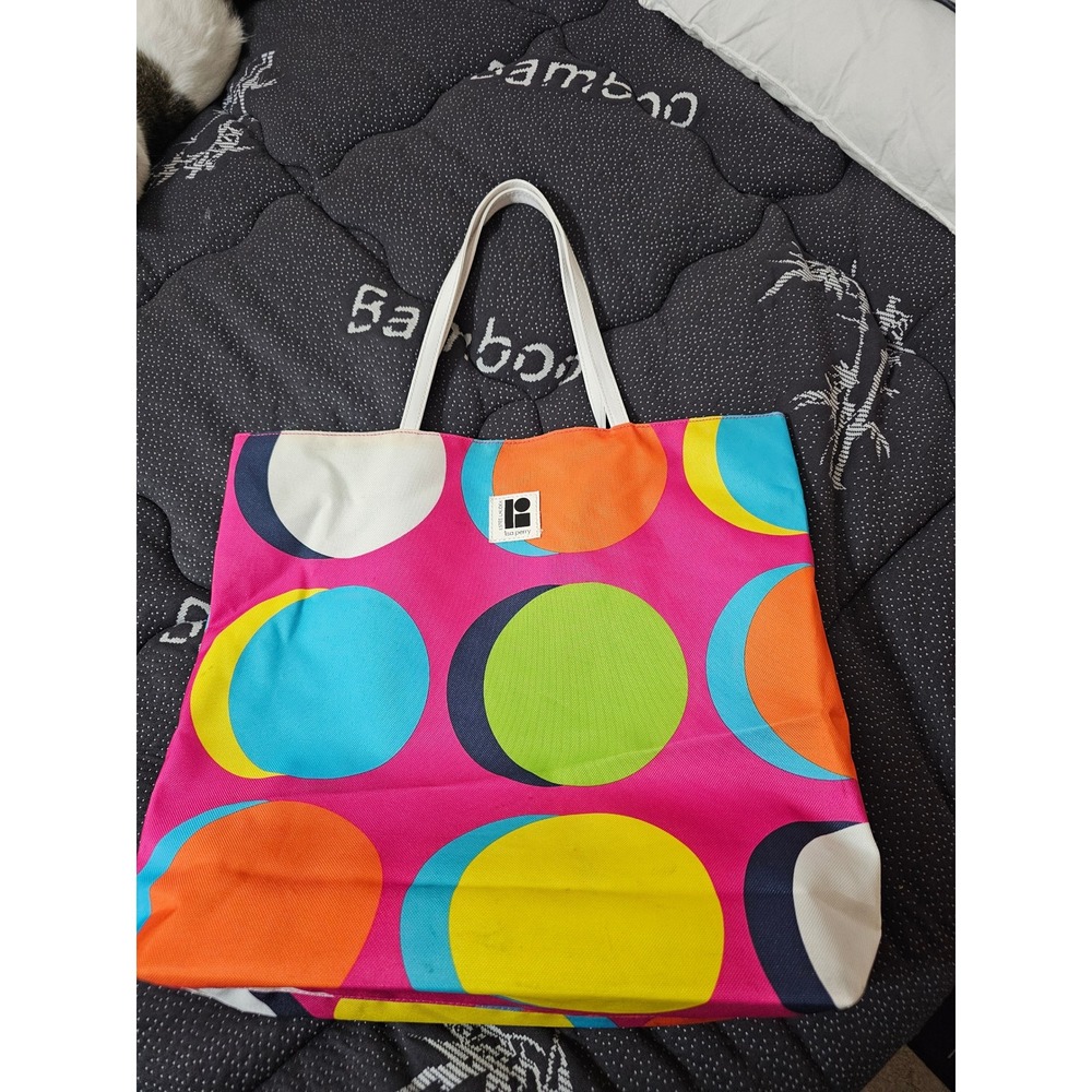 Lisa Perry Estee Lauder Pink Multi Color Polka Dot Canvas Tote Bag Mod Retro